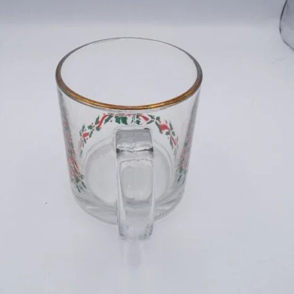 Set Of 4 Vtg Libbey Arby's Glass Coffee Cocoa Mugs Christmas Holly Red Ribbon - Picture 3 of 4